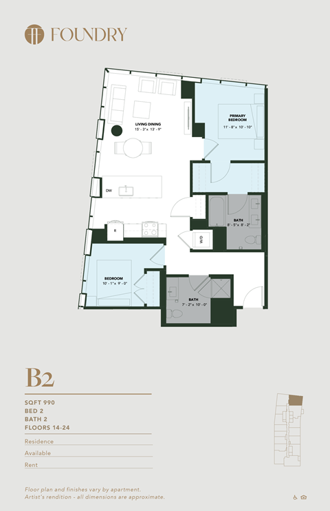 Floor plan for 2 beds, 2 baths, 990 sqft